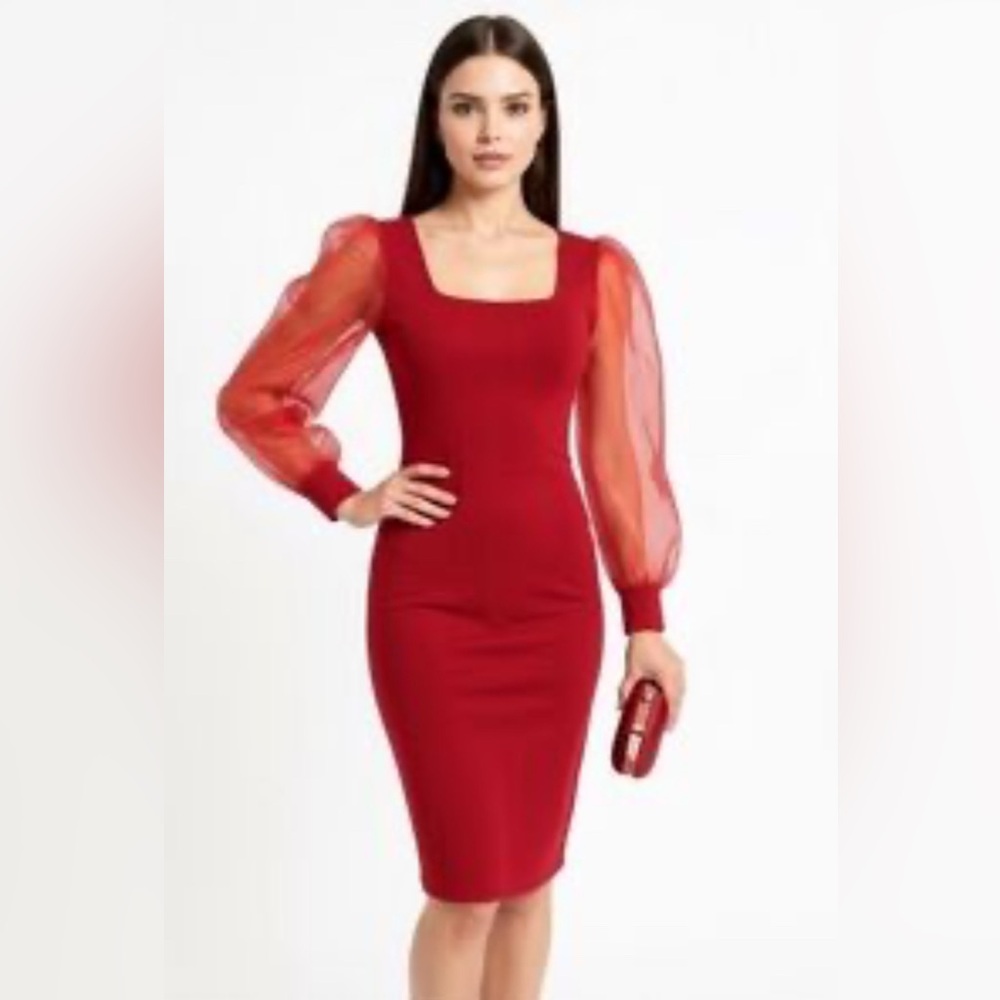 House of Harlow 1960 square neck red mini dress sheer organza puff long sleeve S
